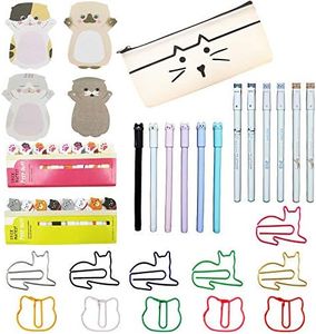 DUGYIRS 433 Piezas Gatos Juego de Papelería 360 Hojas Notas Adhesivas de Gatos Bonitos 60 Gatos Clips de Papel 12 Bolígrafos de Tinta de Gel para Oficina, Escuela, Regalos Amantes de los Gatos