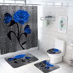 4 Piece Waterproof Shower Curtain Set for Bathroom-Rose-Non-Slip Bath Mat and 12 Hooks,Curtain Set with Rug,Toilet Lid Cover Bathroom Decoration (Blue)