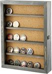 MyGift Wall Mounted Vintage Gray Solid Wood Challenge Coin Display Case, Hanging Shadow Box with Clear Viewing Panel on Hinged Door, Metal Latch, and Corkboard Backing