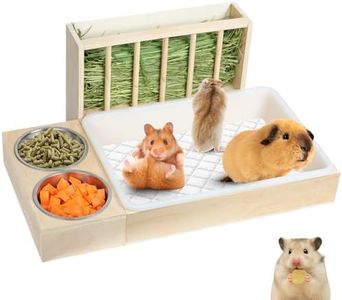 3 in 1 Rabbit Litter Box with Hay Feeder and Bowls, Wooden Pet Hay Feeder and Litter Box with Stainless Steel Bowl, Multi-Function for Rabbits, Guinea Pigs, Chinchillas