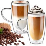 TKNO Set of 2 Pack 450ml Double Walled Tall Coffee Glasses Mugs Cups with Handle for Coffee Tea Latte Juice Ice Cream Borosilicate Heat Resistant Large Glass Cups, Microwave Safe, Ideal for Hot/Cold