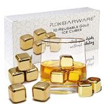 FLOW Barware Stainless Steel Ice Cubes | 10x Metal Whisky Stones | Ice Stones for Drinks | Ice Cubes for Whiskey, Wine & Gin & Tonic | Metal Ice Cubes with Quick Freeze Gel | Gold