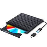 RuhZa External DVD Drive,USB 3.0 Type-C CD DVD/RW Optical Drive USB C Burner Slim CD/DVD ROM Rewriter Writer Reader Portable for PC Laptop Desktop Windows 7/8.1/10 Linux OS blackblack