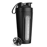 Navaris Stainless Steel Protein Shaker - 750ml Metal Nutrition Protein Fuel Drink Bottle with Mixer Blend Ball - 0.75 Litre Protein Shaker - Black