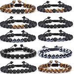 WAINIS 10 Pcs Lava Rock Beaded Bracelets for Men Women Tiger Eye Hematite Black Onyx Matte Beads Essential Oil Diffuser Anxiety Bracelets Stress Relief Bracelets Bulk, 8 inch, Stone, Onyx