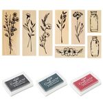 Rebanky 8 pcs Wooden Stamps for Crafts Vintage Wooden Rubber Stamps Flower Ink Stamps Set Plant and Flower Wood Rubber Stamps Rubber Stamps for Crafting Plant Stamps for DIY