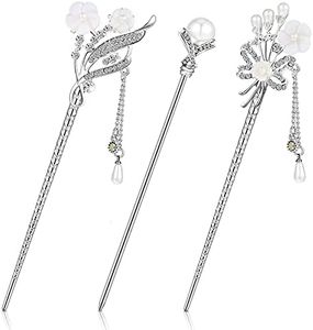 Waydress 3 Pieces Chinese Hair Stick Japanese Hairpin Hair Chopsticks for Women Pearl Rhinestone Flower Hair Accessories Vintage Tassel Handmade Chignon Jewelry(Traditional Style)