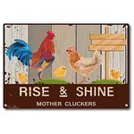 CREATCABIN Rise and Shine Mother Metal Tin Sign Cluckers Chicker Chicken Eggs Funny Hen Rooster Bathroom Quote Vintage Sign for Farm Farmhouse Home Kitchen Cafe Wall Deocr, 8 x 12 Inch