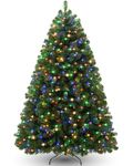 Pre Lit Christmas Tree 6ft, Artificial Xmas Tree with 250 Multi Colour LED Lights, 8 Light Modes, Bushy 1000 Branch Tips, Foldable Metal Stand, for Home Office Party Holiday Decoration