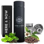 Multi-Purpose Travel Mug and Tumbler Fruit Infused Flask Hot and Cold Double Wall Stainless Steel Thermos with Extra-Long Infuser, Zen Black