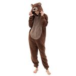 INT&TDR FANTASY Snug Fit Adult Bear Onesie Pajamas, Sherpa Cosplay Halloween Animal Zipper One Piece Costume, Brown Bear, Medium