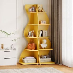 Tribesigns Wavy Corner Shelf Set of 2, Modern 5-Tier Bookshelf Etagere Bookcase with Curvy Shape, Unique Plant Stand Display Shelf for Living Room Small Space (Yellow)