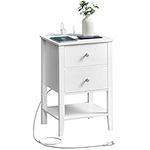 VASAGLE Bamboo Nightstand with Charging Station, Bedside Table with 2 Drawers, Side End Table with Open Shelf, 2 USB-A Ports, 2 AC Outlets, Minimalist, for Bedroom, Living Room, Cloud White ULET623W01