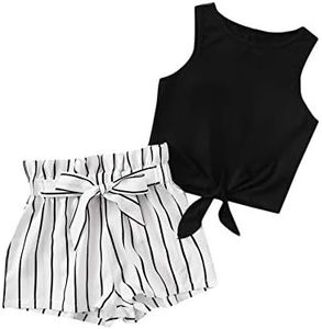 OYOANGLE Girl's 2 Piece Outfits Summer Tie Knot Tank Top and Paperbag Waist Striped Shorts Set Black and White 10Y