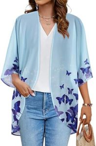 Women's Kimono Floral Cardigan Print Puff Cover Up Casual Blouse Summer Tops (Butterflies on Blue, 2XL)