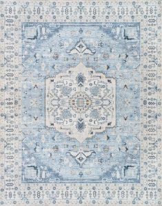 Luria Rugs Machine Washable 7'6" x 9'6" Non-Slip Large Area Rug for Living Room, Bedroom, Dining Room - Traditional Vintage, Aria Collection - Light Blue/Ivory