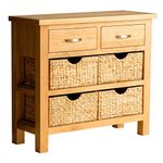 RoselandFurniture London Oak Console Table with Baskets and 2 Drawers | Solid Wooden Hall Storage Cabinet for Living Room, Bedroom, Hallway, Kitchen or Bathroom, Fully Assembled