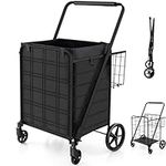 TANGZON Folding Shopping Cart on Wheels, 126L/150KG Capacity Metal Grocery Cart with Extra Basket, Removable Liner & Dense Mesh Base, Jumbo Portable Utility Push/Pull Trolley for Market (Black)