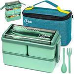 Shopping Dose Bento Box, 1400ml Stackable 2 Layer Leak Proof Bento Lunch Box with Insulated Bag & Cutlery, 3 Removable Compartment Lunch Box Adults, Kids & Office, Microwavable Lunchbox (Green)