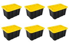 Sterilite 27 Gal Industrial Tote, Stackable Storage Bin with Snap-Fit Lid for Garage, Basement & Attic Storage, Black Base and Yellow Lily Lid, 6-Pack