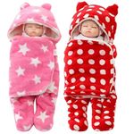 BRANDONN Flannel 76x68 cm Blanket Cum Baby Wrapper, Red, Pink, Pack of 2