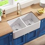 Davivy White Farmhouse Sink Double Bowl 33 Inch Farm Sink,33x18 Fireclay Sink White Kitchen Sink Double Bowl Kitchen Sink 50/50,Apron Front Sink Undermount Kitchen Sink,Porcelain Sink