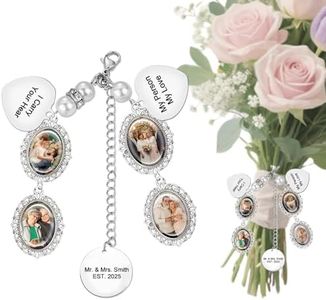 Dyoart Personalized Wedding Bouquet Photo Charms | Custom Bridal Bouquet Charm Antique Silver 4 Photos Frame | Memorial Pin Gifts for Wedding Memory Decor