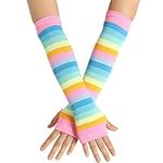 VIccoo Women Girl Knitted Over Elbow Long Arm Warmers US Flag Rainbow Stripes Patchwork Fingerless Gloves with Thumb Hole Party Costume - 5