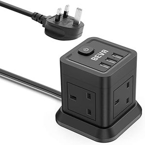 Cube Extension Lead with USB, 4 Way Power Strip with 3 USB Ports (5V/2.4A) BEVA UK Power Socket with Switch 1.5M Extension Cords for Home, Office, Travel, Dorm Room (Black)
