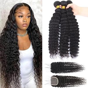 12A Brazilian Virgin Deep Wave Hair 3 Bundles with Closure (16 18 20+14"Closure) 100% Unprocessed Virgin Brazilian Pineapple Wave Bundles with Closure Natural Color