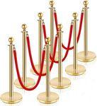 8 PCS Stainless Steel Stanchion Post Queue 5 ft Red Velvet Rope Red Carpet Ropes and Poles Crowd Control Barriers（Gold）