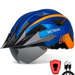 VICTGOAL Bike Helmet for Adult Men Women, Bicycle Helmet with Magnetic Goggles & Detachable Sun Visor & LED Rear Light, Mountain Bike Helmet for Cycling (L: 22.4-24 inch (57-61 cm), Blue)