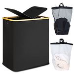 efluky Laundry Hamper with Lid, Double Laundry Hamper with 2 Removable Bags, 2 Section Laundry Basket with Bamboo Handles for Bathroom, Bedroom & Laundry Room, 140L (36.9 Gallon) Black