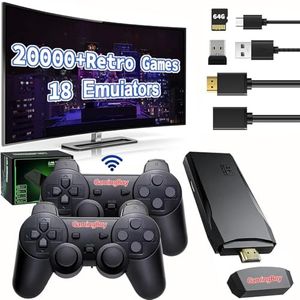 GamingBoy Wireless Retro Game Console Stick, Upgrade Retro Video Gaming Stick Built in 20000+ Games with 18 Emulators, 4K HDMI Output with 2 Pack 2.4G Wireless Controllers for Nostalgia Gifts （64GB）