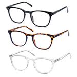 HAPJOYS Reading Glasses for Women Men Stylish Lightweight Readers +1.75 Cheaters Glasses W/Sping Hinges 3 Pack Black/Tortoise Shell/Clear Frames