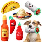 Syhood 6 Pcs Fiesta Dog Chew Toys Dog Sombrero Set, Include 1 Mexican Dog Sombrero Hat for Small Dog, 5 Squeak Plush Toys, Dog Chew Toy for Halloween Christmas Pet Gift