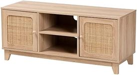 Baxton Studio Elsbeth Mid-Century Modern Light Brown Finished Wood and Natural Rattan 2-Door TV Stand