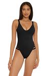 Becca by Rebecca Virtue Women's Standard Color Prism High Leg One Piece Swimsuit-Scoop Neck, Open Back Design, Bathing Suits, Black, Medium