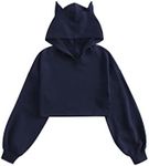 WDIRARA Girl's Cute Cat Ear Crop Tops Long Sleeve Causal Plain Hoodie Sweatshirt Shirt Navy Blue 7Y