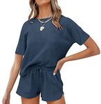 wkwmrpet Women's Casual Short Sleeve Solid Color Knit Pullover Sweatsuit 2 Piece Short Sweater Outfits Sets Navy