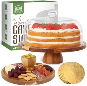 Linda’s Essentials Acacia Wood Cake Stand with Lid (Acrylic) 12 Inch Round Cake Holder Stand with 5 Bonus Cake Sheets, 2-in-1 Wooden Cake Stand with Dome & Charcuterie Board for Cheese, Cake Plate
