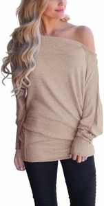 Lacozy Women's Off The Shoulder Oversized Shirts Long Sleeve Tunic Tops Casual Batwing Pullover Sweatshirt Khaki XXL