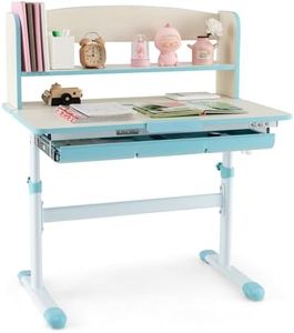 HONEY JOY Kids Study Desk, Children School Study Table w/ 7-Level Tiltable Desktop, Adjustable Height, Pull Out Drawer, Book Stand & Ruler, Student Learning Desk Table for 3-12 Years Old, Blue