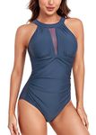 Ruched One Piece Swimsuit Tummy Control Swimming Costume for Women Vintage Mesh Bikini Bathing Suit Swimwear(M-ZL) Navy