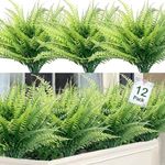 Alynsehom 12PCS Artificial Plants 15.7in Fake Boston Fern Greenery Shrubs Outdoor UV Resistant Outdoor Indoor Summer Faux Plastic Plants for Home Window Box Garden Patio Pathway Front Porch Decor