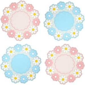 Coasters for Drinks, Cute Coaster for Coffee Table Set of 4 Non-Slip PVC Silicone Coasters for Tabletop Protection, Daisy Flower Pattern Heat Insulation Placemat (2 Pink+2 Blue)