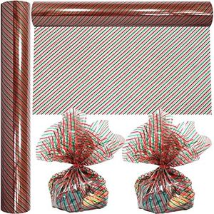 AnapoliZ Christmas Cellophane Wrap Roll | 100’ Ft. Long X 16” in. Wide | 2.3 Mil Crystal Clear Christmas Stripes Cellophane | Gifts, Baskets, Treats Wrapping Paper | Red and Green Stripes Cello Roll