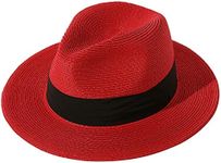 Lanzom Women Wide Brim Straw Panama Roll up Hat Fedora Beach Sun Hat UPF50+ (Red)