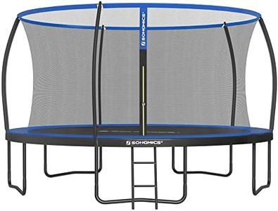 SONGMICS Trampoline Extérieur Enfant Diamètre 427 cm, Filet de Protection, Poteau Incurvé de 180 cm de Haut, Coussins de Sécurité, Échelle, Cadre en Acier, Noir et Bleu STR142Q01