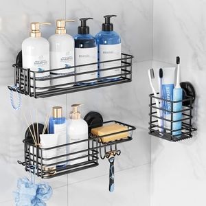 TAILI Shower Caddy Suction Cup, 3 Pack Shelves for Inside with Hooks & Soap holder Toothbrush Cups, Removable Bathroom Organizer, Rustproof Black Shelves